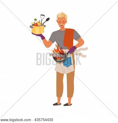 Man Cooking In The Kitchen. Househusband Doing Daily Routine Cartoon Vector Illustration