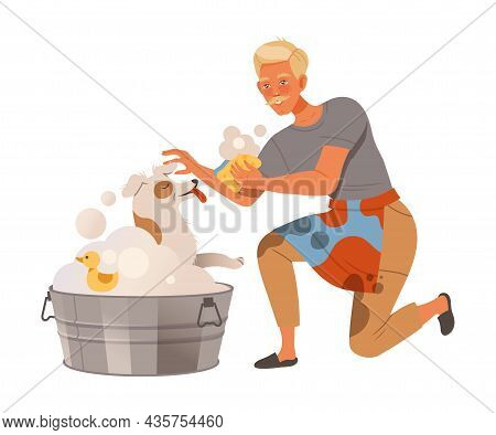 Man Washing Dog In Basin. Househusband At Daily Routine Cartoon Vector Illustration