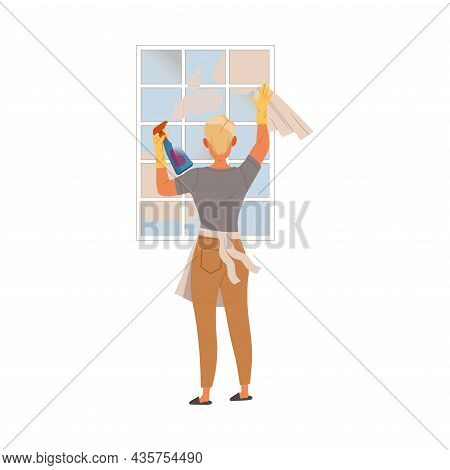 Man Washing Window At Home. Househusband At Everyday Routine Cartoon Vector Illustration
