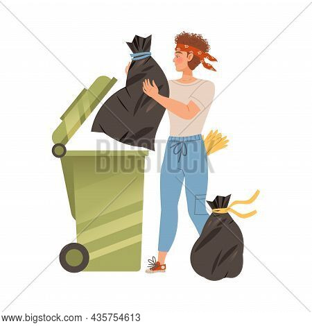 Man Throwing Plastic Bag Into Trash Bin. Househusband Doing Daily Routine Cartoon Vector Illustratio