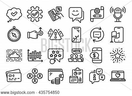 Vector Set Of Ranking Star, Smile Face And Smartphone Broken Line Icons Set. Calendar Report, Money 
