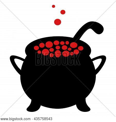 A Pot Of Boiling Potion. Silhouette. Bubbles Of Red Color Fly Upwards. Vector Illustration. Isolated