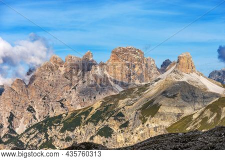 Sesto Dolomites Seen From Tre Cime Di Lavaredo, Mountain Peak Of Monte Rudo Or Rautkofel, Croda Dei 