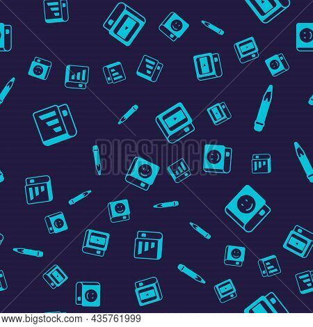 Set Financial Book, Pencil With Eraser, Book About Cinema And On Seamless Pattern. Vector