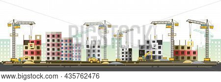 Construction Of New Microdistrict Of City. Cranes And Tractors. Modern Technologies And Equipment. H