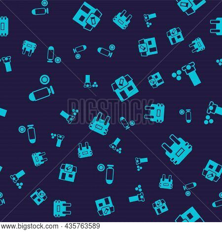 Set Bullet, Cartridges, Hunting Shop And Bulletproof Vest On Seamless Pattern. Vector