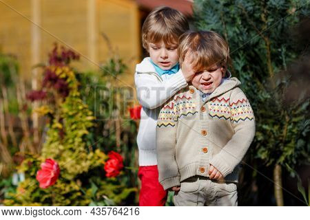 Two Little Brothers Boys Fighting And Having Dispute. Preschool, Upset Children Arguing Outdoors. Ri