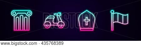 Set Line Ancient Column, Scooter, Pope Hat And Flag Italy. Glowing Neon Icon. Vector