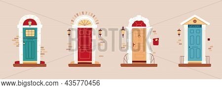 Set Of Vintage Front Doors. House Exterior, Home Entrance. Brick Wall, Lantern, Fence, Mailbox. Vect