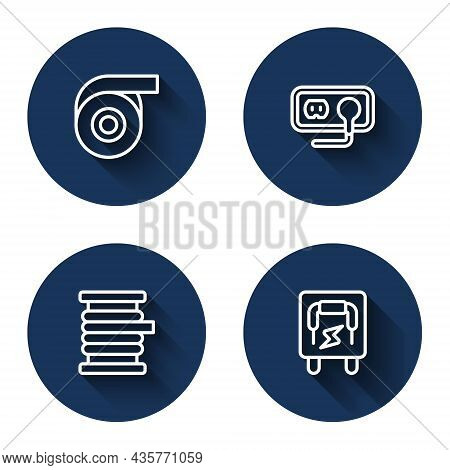 Set Line Roll Adhesive Tape, Electrical Outlet, Wire Electric Cable On Reel And Panel With Long Shad