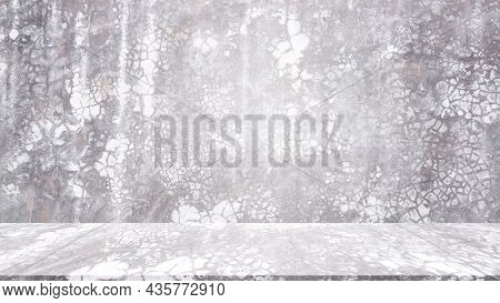 Empty Studio Room Cement Background. Blank Table Old Grunge Surface Concreet Construction Backdrop. 