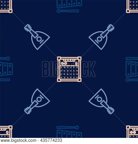 Set Line Xylophone, Balalaika And Guitar Amplifier On Seamless Pattern. Vector