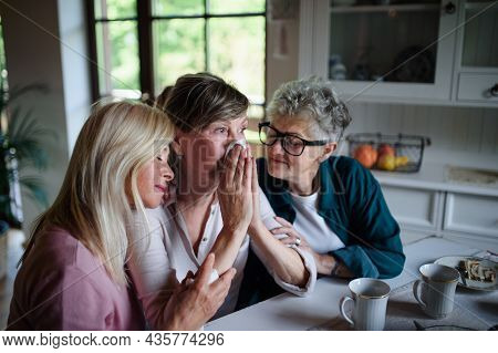Female Senior Friends Consloing And Supporting Sad Friend Indoors At Home.