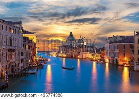 Grand Canal Of Venice With A Lonely Gandolier At Sunset, Italy