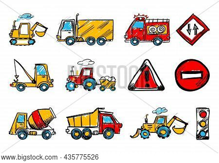 Child's Hand Draw Car Element.funny Colored Cartoon Doodle.a Set Of Various Machines In The Vector.d