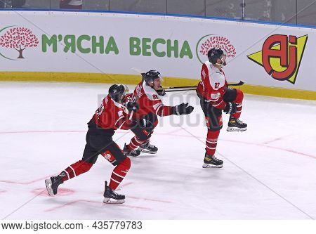 Kyiv, Ukraine - October 6, 2021: Hc Donbass Players Celebrate A Goal During The Champions Hockey Lea