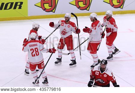 Kyiv, Ukraine - October 6, 2021: Kac Klagenfurt Players Celebrate A Goal During The Champions Hockey