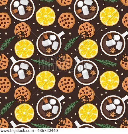 Seamless Pattern With Hot Chocolate Cup, Cookies, Orange Slice, Spruce Twig, Snowflakes On Dark Brow