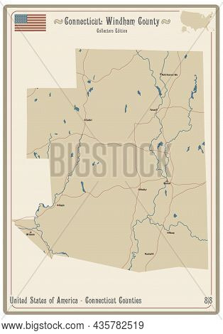 Map On An Old Playing Card Of Windham County In Connecticut, Usa.