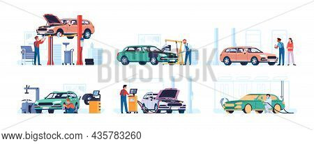 Car Service Workers. Automobile Technical Maintenance. People In Uniform Repaired Autos. Mechanics M