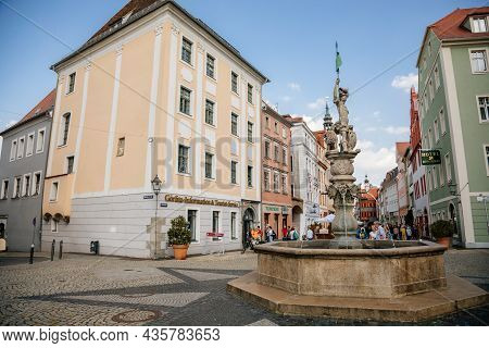 Goerlitz, Saxony, Germany, 04 September 2021:  Georgsbrunnen Or George's Fountain At Obermarkt Or Up