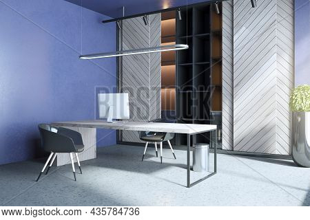 Modern Blue And Wooden Home Office Interior With Workplace, Bookcase And Daylight. 3d Rendering
