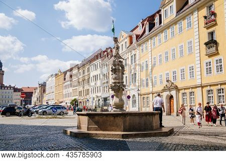 Goerlitz, Saxony, Germany, 04 September 2021:  Georgsbrunnen Or George's Fountain At Obermarkt Or Up
