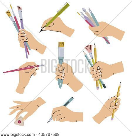 Stationary In Hands. People Holding Brushes Pencils Lettering Calligraphic Items For Artists Recent 