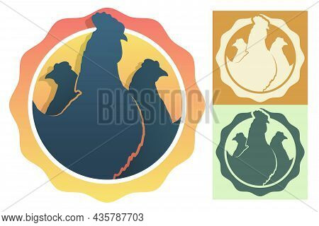 Silhouettes Of Rooster And Chickens Inside Circle. Embelm, Badge For Farm Or Organic Chicken Plant. 