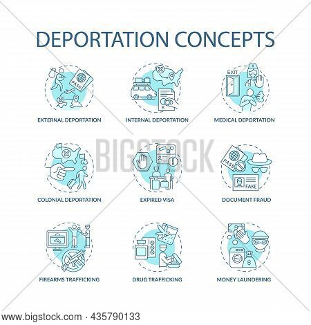 Deportation Concept Blue Icons Set. Reasons For Official Removal From Country. Expired Visa. Immigra