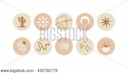 Abstract Highlight Covers In Bohemian Style. Minimalistic Boho Icon Set. Story Covers In Light Paste
