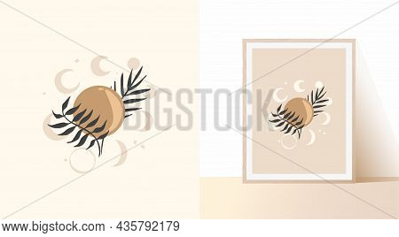 Abstract Contemporary Bohemian Illustration In Light Pastel Colors. Mystical Branches, Sun And Phase