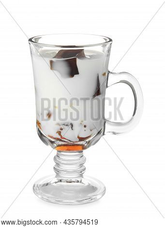 Glass Cup Of Milk With Delicious Grass Jelly Isolated On White