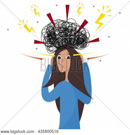 Young Character Of A Frustrated Woman, Bad Thoughts, Headache, Problems And Despair. My Head Is Spin