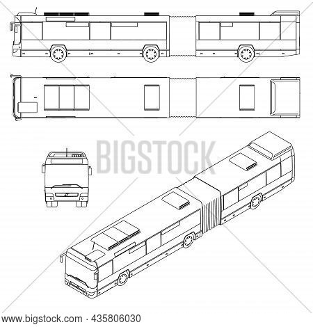 Set With The Contours Of A Long Bus From Black Lines Isolated On A White Background. Front, Side, To