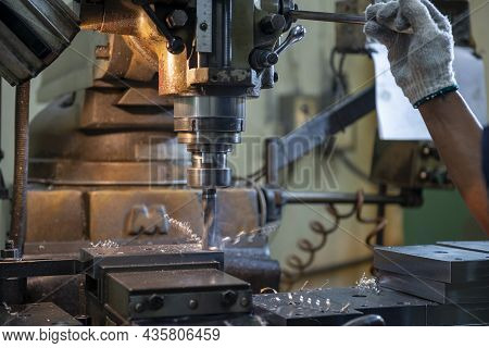 The Hole Drilling Processing By Drill Tool On Nc Milling Machine. The Shop Floor Operation By Nc Mil