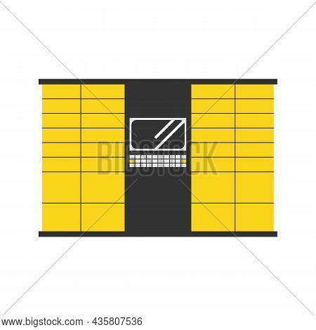 Yellow Parcel Station, Parcel Locker, Postamat With Display Vector Icon, Illustration For Contactles