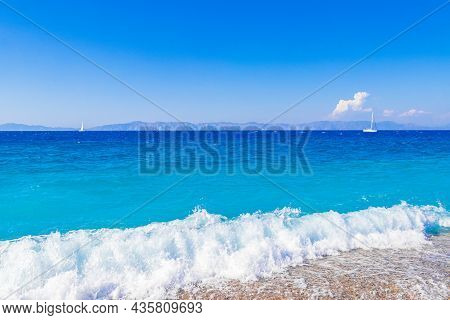 Elli Beach Landscape Rhodes Greece Turquoise Water And Turkey View.