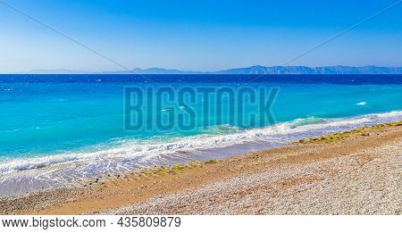 Elli Beach Landscape Rhodes Greece Turquoise Water And Turkey View.
