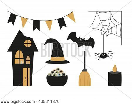Halloween Set Of Ghost, Spider, Bat, Garland, House, Candle, Eyes And Broom