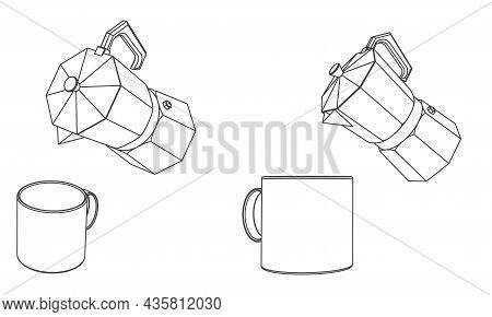 Vector Outline Illustration Of Moka Pot Coffee Maker With Cup