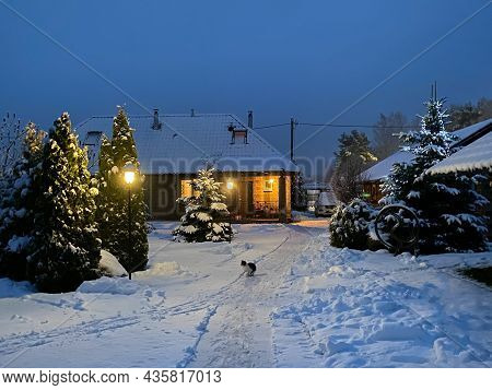 Cottage After Snowfall At Chritmas Eve Night
