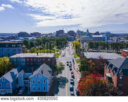 Aerial View Of Portland Historic Downtown Skyline On Congress Street, Viewed From Munjoy Hill, Portl
