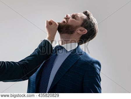Professional Man Manager In Suit Got Blow Jaw Punch Fisticuff, Workplace Violence.