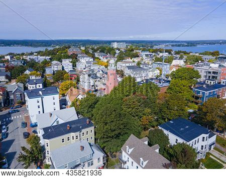 Portland Observatory Aerial View At 138 Congress Street On Munjoy Hill In Portland, Maine Me, Usa. T