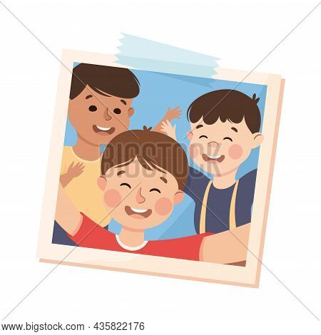 Happy Little Boy On Photo Card Or Snapshot Sticking On The Wall Vector Illustration. Excited Kid Wit