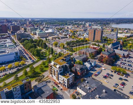Aerial View Of Portland Historic Downtown Skyline On Congress Street, Viewed From Munjoy Hill, Portl