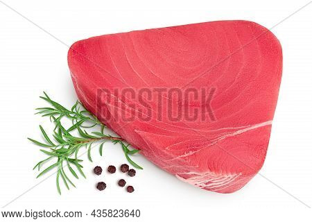 Fresh Tuna Fish Fillet Steak With Rosemary And Peppercorns Isolated On White Background With Clippin