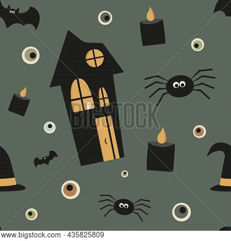 Halloween Seamless Pattern With House, Ghost, Spider, Bat, Candle And Eyes On A Green Background