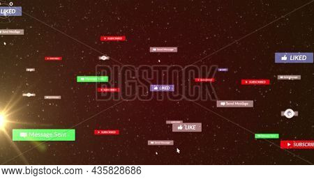 Image of cursors over social media icons and text on multi coloured banners on night sky. global social media network, digital interface and technology concept digitally generated image.